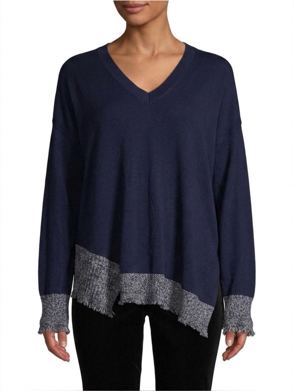 DEREK LAM 10 CROSBY Silk Wool Cashmere Navy Fringe V-Neck Pullover Sweater Sz M